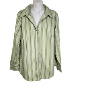 Venezia Womens Top Size 14/16 Stretch Green Striped Long Sleeve Collar Button Up